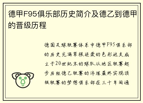 德甲F95俱乐部历史简介及德乙到德甲的晋级历程